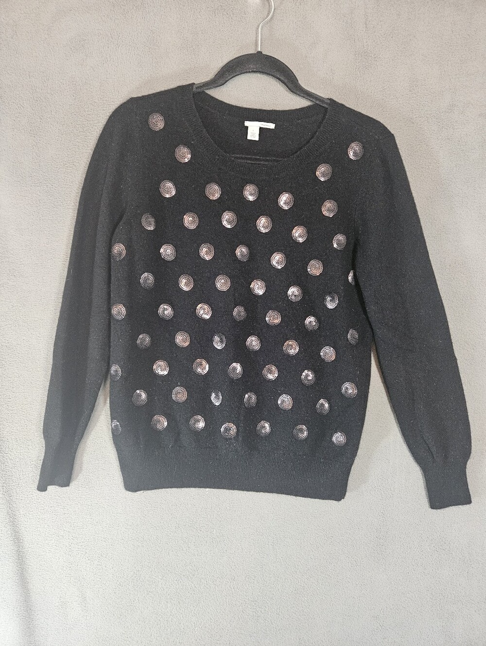 Halogen Womens Large Sweater Cashmere Wool Blend Black Sequin Circles Pullover